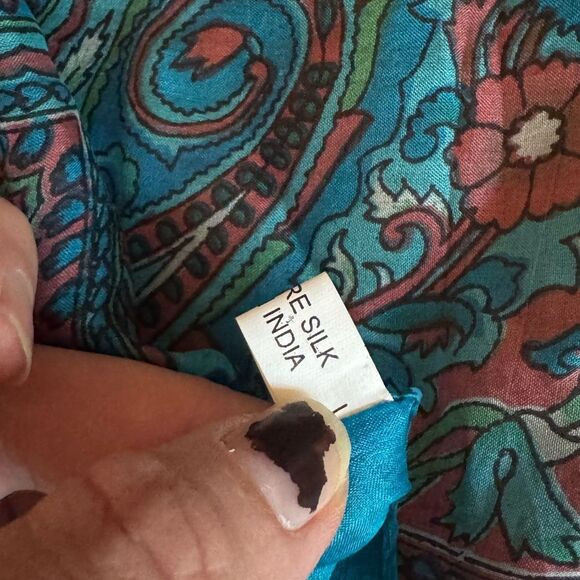 100% Pure Silk Floral Paisley Scarf in Teal Green & Rose Pink Made In India - Picture 6 of 6